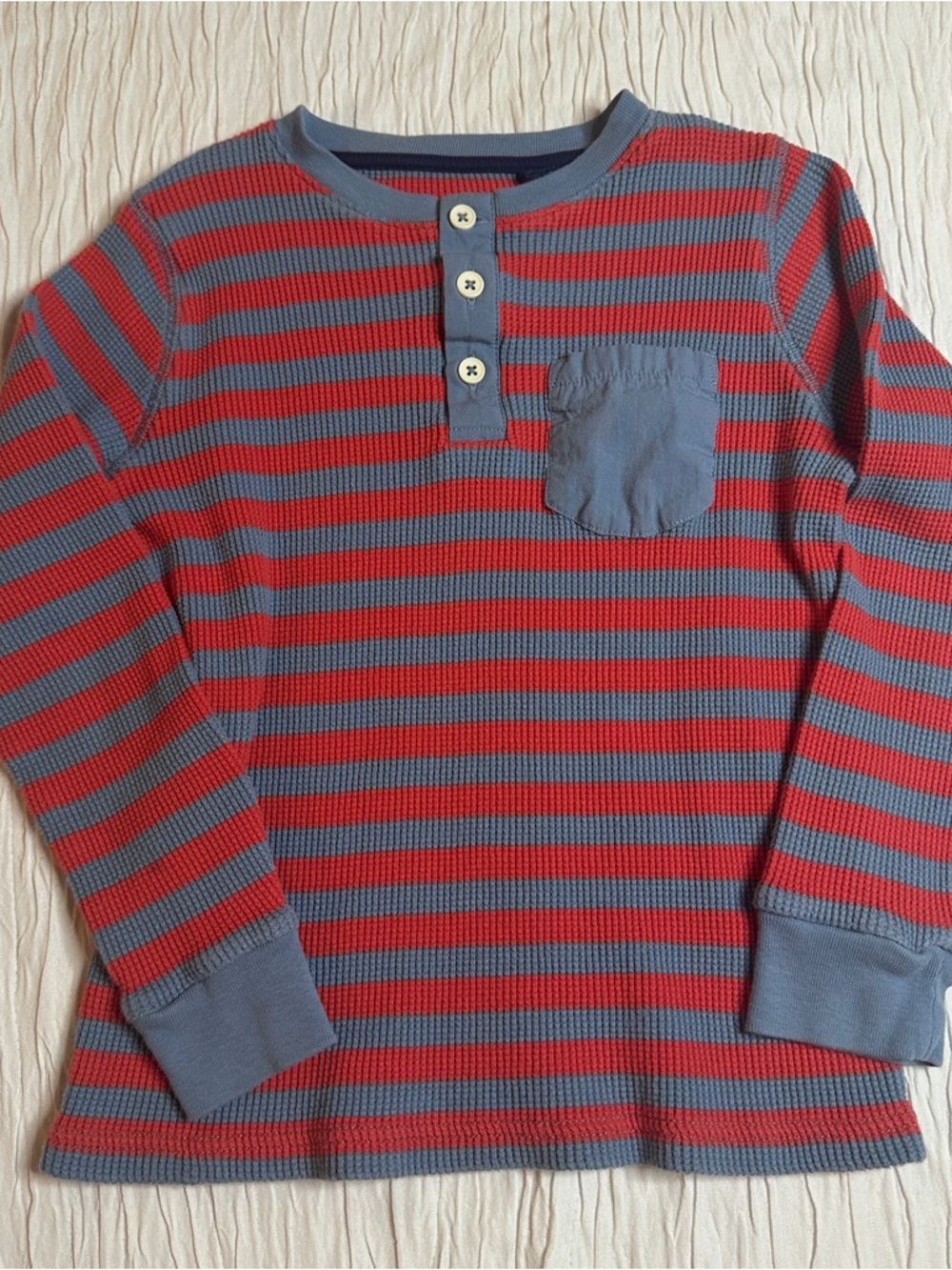 Mini Boden Striped Waffle‎ Knit Henley Shirt Boys 8-9Y Red Blue Long Sleeve